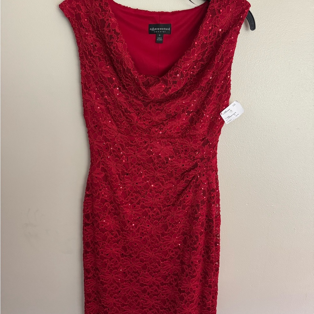 connected apparel Red Lace Cowl-Neck Midi Dress Sparkly